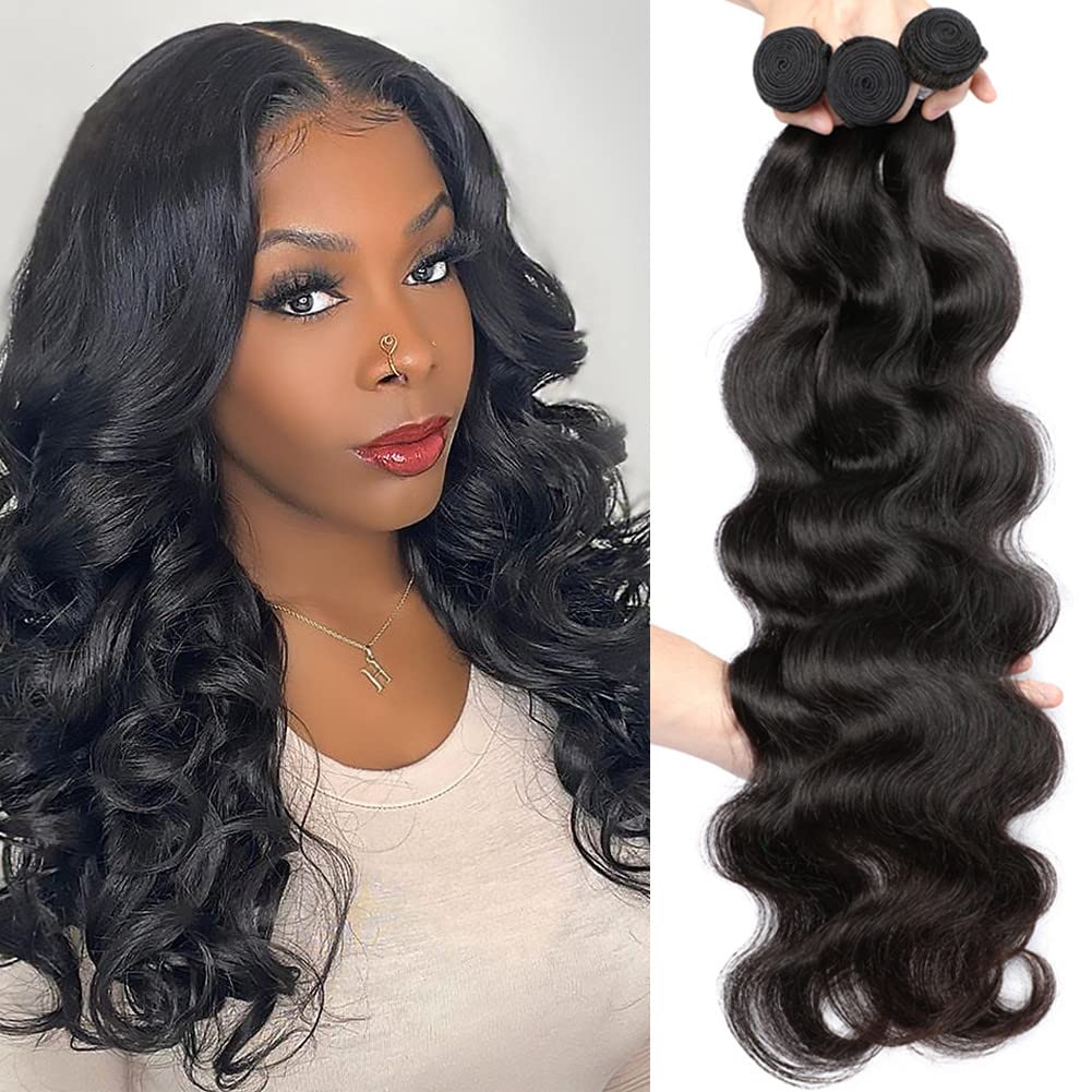 Aopusi Human Hair Bundles Body Wave 3 Bundles (14 16 18 Inch) 100% Unprocessed Human Hair Virgin Remy Hair Extension Natural Col