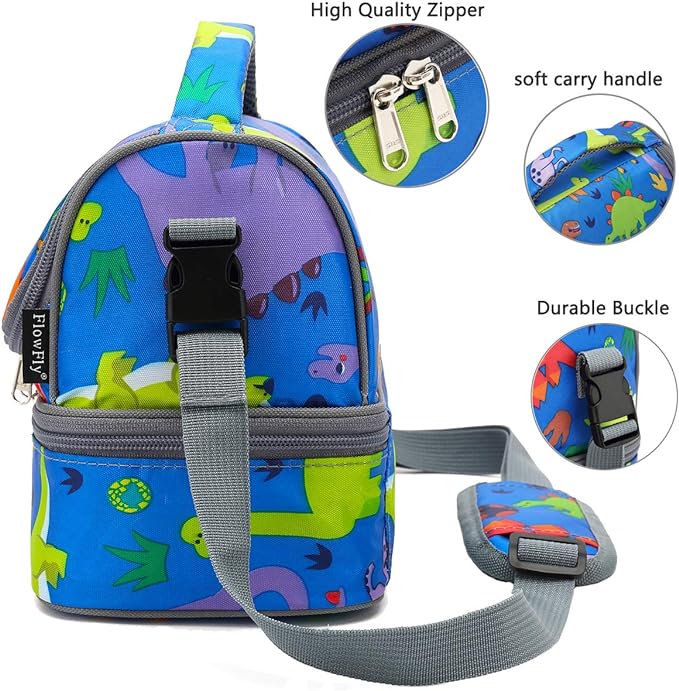 FlowFly Kids Double Decker Cooler Insulated Lunch Bag Large Tote for Boys, Girls, Men, Women, With Adjustable Strap, Dinosaur
