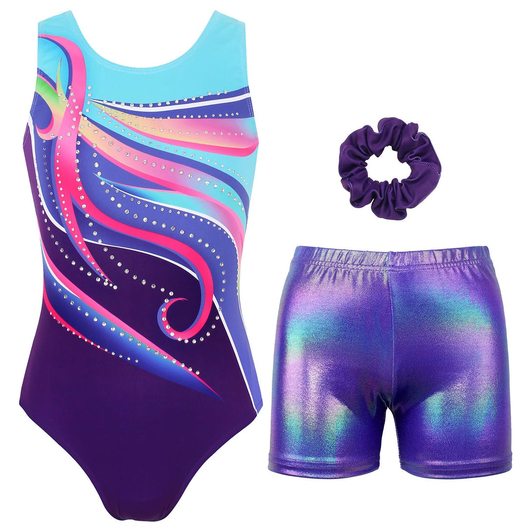 MODAFANS Gymnastics Leotards for Girls with Shorts Ballet Dance Set Activewear Rainbow-Diamond,4-5Years