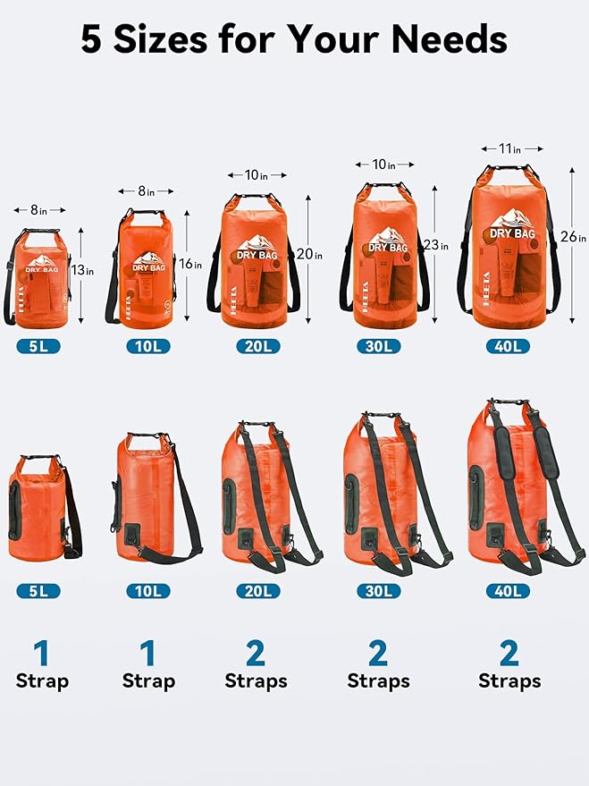 HEETA Dry Bag Waterproof for Women Men, 5L/10L/20L/30L/40L Roll Top Lightweight Dry Storage Bag Backpack with Phone Case for Travel, Swimming, Boating, Kayaking, Camping & Beach, 11 Transparent Colors