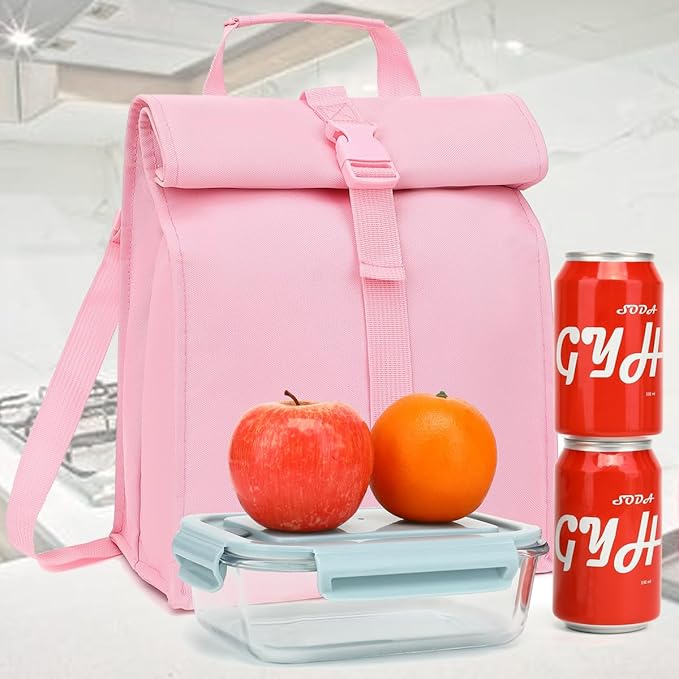 Insulated Lunch Bag for Men/Women/Kids, Roll top Reusable Lunch Box with Adjustable Shoulder Strap, Thermal Lunch Cooler Tote Container for Adults/Teens School Work Office Picnic,Pink