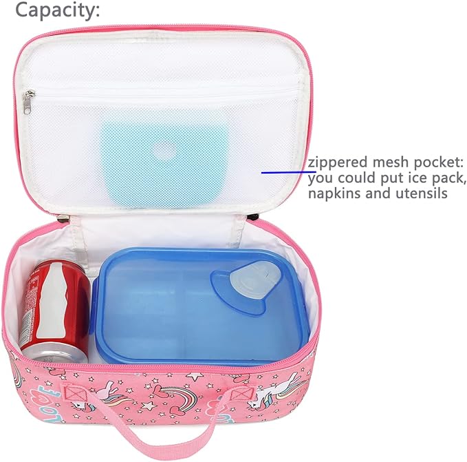 FlowFly Kids Lunch box Insulated Soft Bag Mini Cooler Back to School Thermal Meal Tote Kit for Girls, Boys, Unicorn