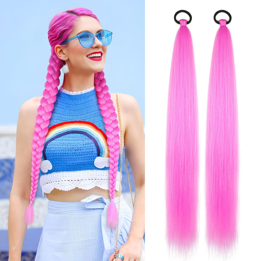 LyoRuSi 2 Pack Pink Braid Ponytail Extension with Elastic Tie Straight Sleek Wrap Around Braid Ponytail 26 Inch (Rose Pink#)