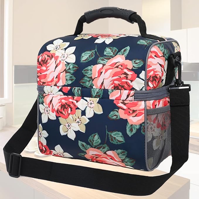 FlowFly Double Layer Cooler Insulated Lunch Bag Adult Lunch Box Large Tote Bag for Men, Women, With Adjustable Strap,Front Pocket and Dual Large Mesh Side Pockets