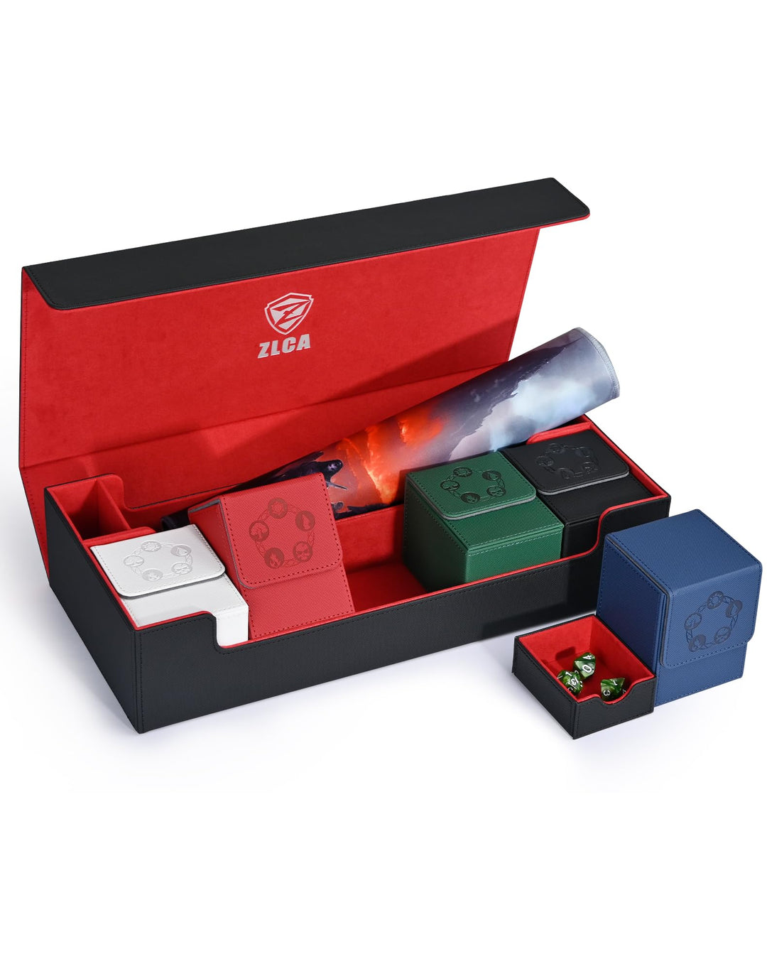 ZLCA Card Deck Box 6 In 1 with MTG Playmat, Premium Card Storage Box with 5 Pcs MTG Deck Box Holds 2400+ Trading Cards, Large TCG Card Deck Case for Magic Yugioh Sports Cards (Black&Red Kit)