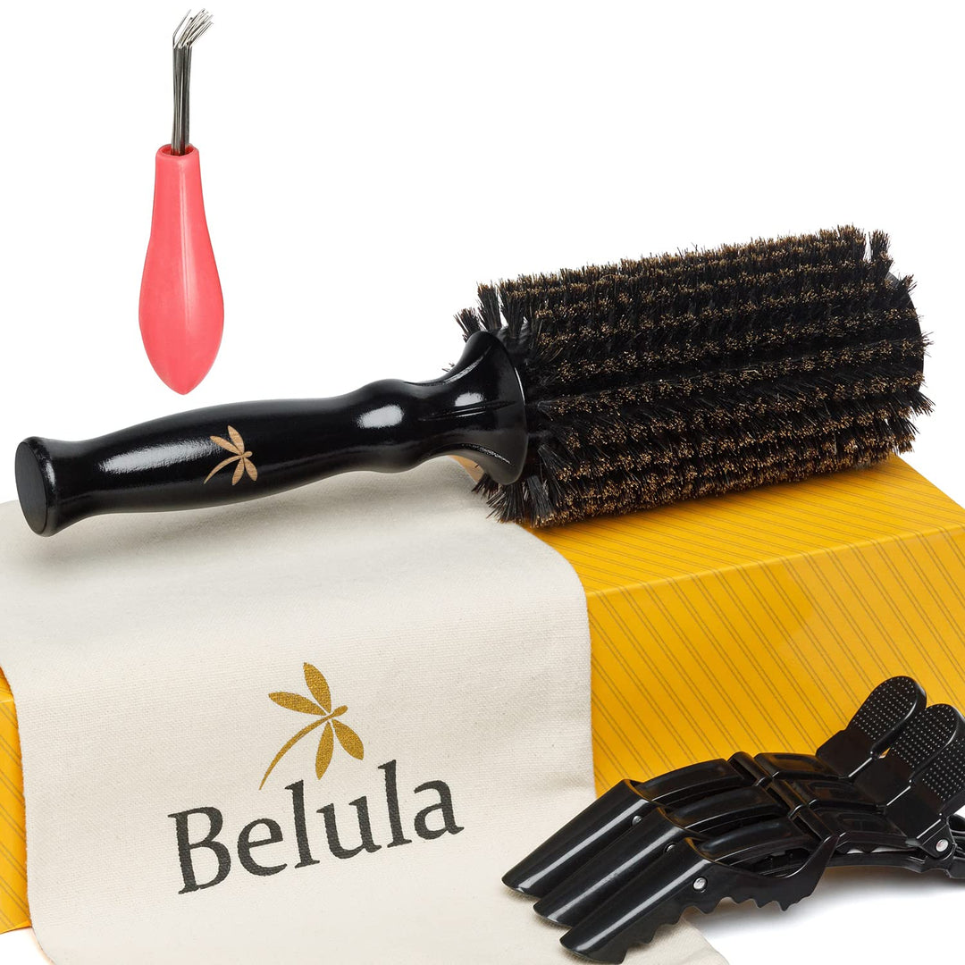 Belula 100% Soft Boar Bristle Round Brush For Blow Drying Set. Round Hair Brush With Large 2.4 Wooden Barrel. Hairbrush Ideal