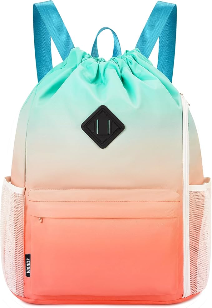WANDF Drawstring Backpack Sports Gym Bag with Shoes Compartment, Water-Resistant String Backpack Cinch Bag for Women Men (Red-Green Gradient)
