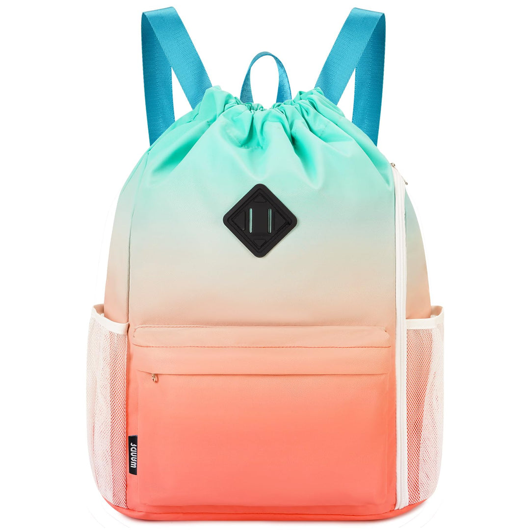WANDF Drawstring Backpack Sports Gym Bag with Shoes Compartment, Water-Resistant String Backpack Cinch Bag for Women Men (Red-Green Gradient)