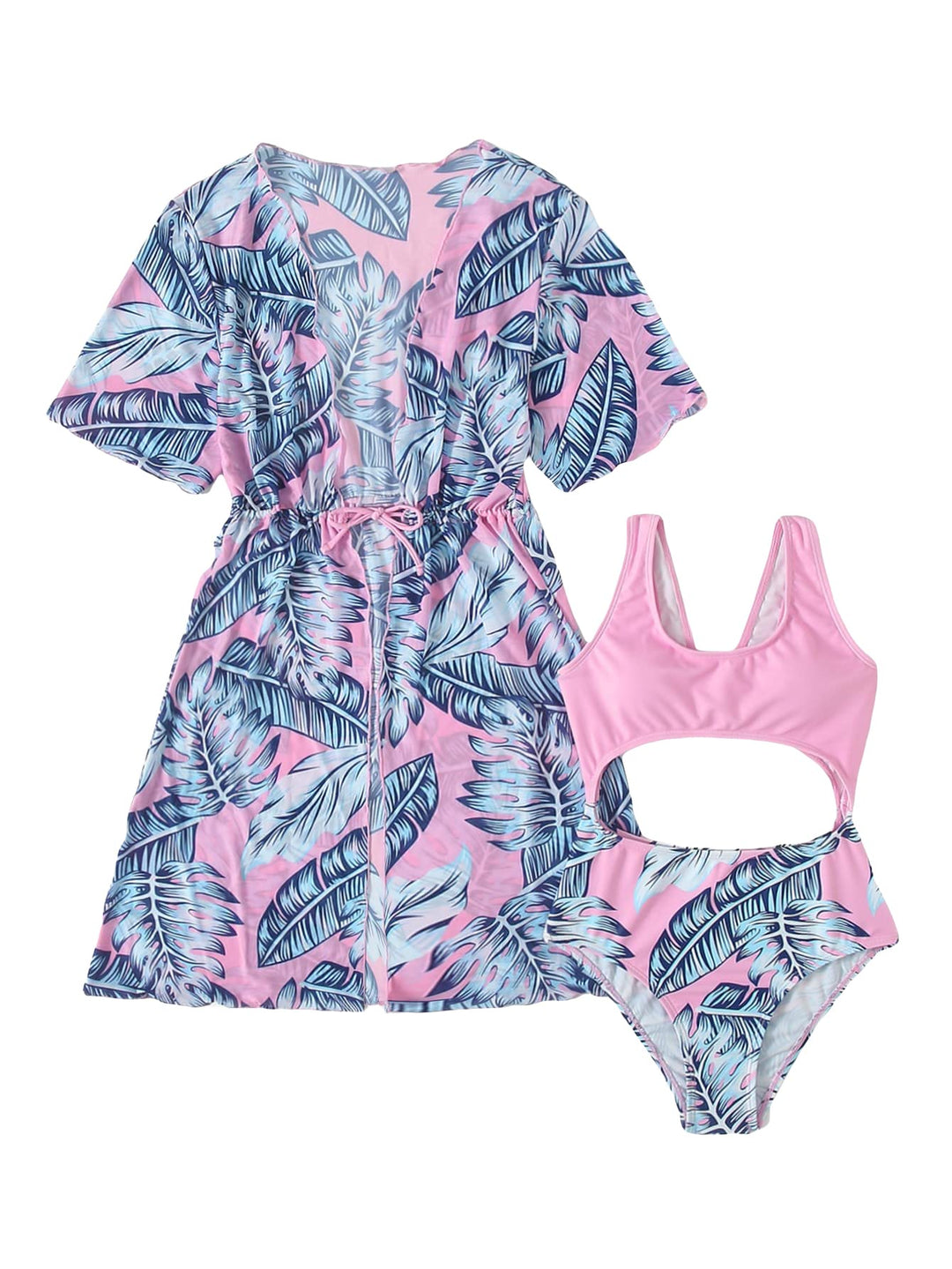 OYOANGLE Girl's Tropical Print Cut Out One Piece Swimsuit with Kimono Cardigan Cover Up Blue and Pink 11-12Y