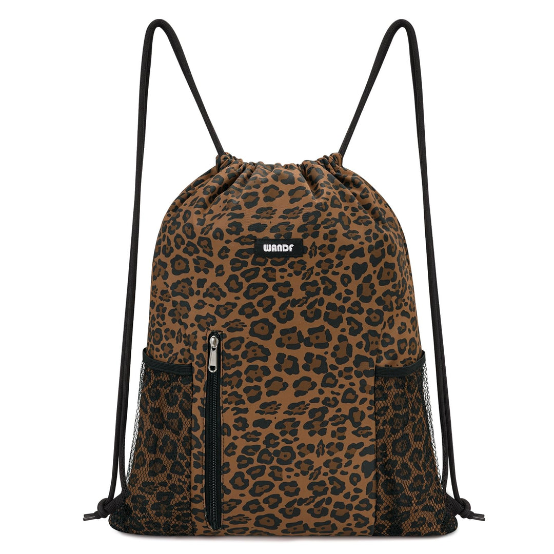 WANDF Drawstring Backpack Sports Gym Sackpack with Mesh Pockets Water Resistant String Bag for Women Men (Brown Leopard)
