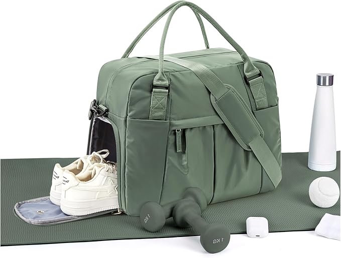 Travel Duffel Bag with Shoe Compartment, Large Weekender Bags for Women with Trolley Sleeve for Airplane, Waterproof Carry on Bag Sport Tote Bags Hospital Holdalls, Green