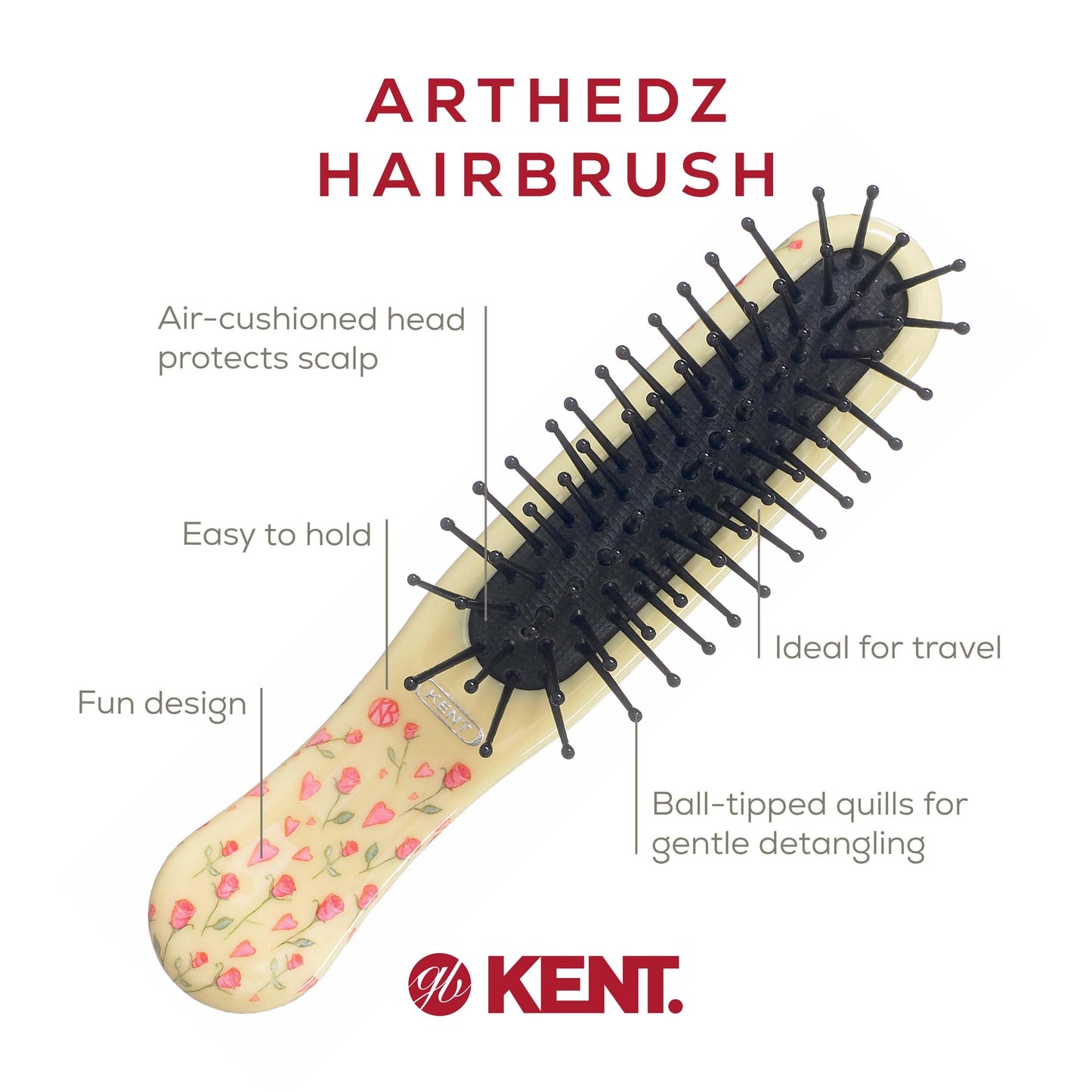 Kent ARTH1 Baby Hair Brush, Hair Brush for Kids, Small Brushes for Hair and Travel Brush Hair Detangler with Non-Scratch Nylon Bristles for Gentle Detangling Arthedz (Hearts N' Roses Pattern)