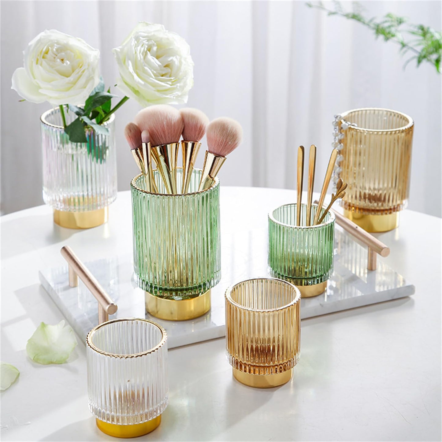BTGGG Makeup Brush Holder 2 Pack Glass Cosmetic Makeup Brush Organiser for Vanity, Eyeliners, Eyebrow Pencil, Bathroom Toothbrush Holder, Office Storage Cup Desk Pen Holder, Amber (S+L)