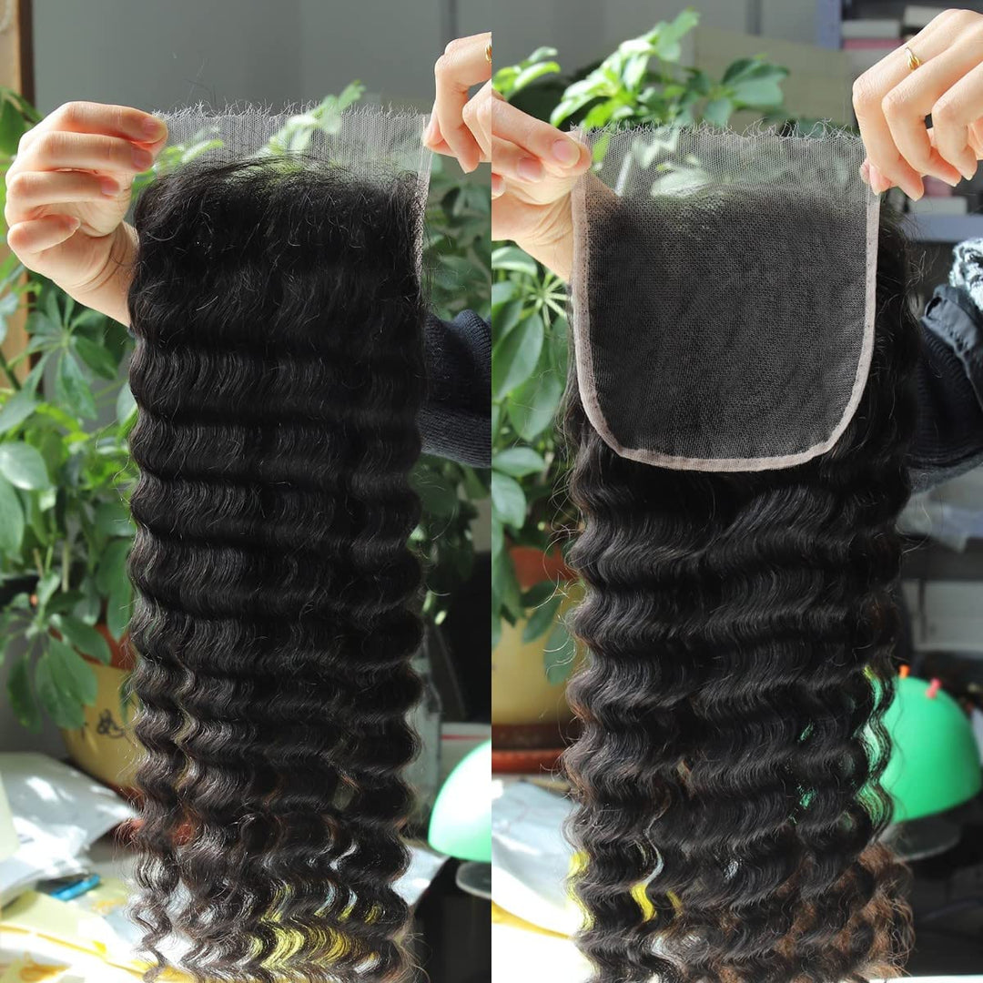 Beeos 5X5 Skinlike Real Hd Lace Closure Only, Deep Wave 0.10Mm Ultra-Thin Melted Swiss Lace Closure Piece Pre-Plucked Natural Ha