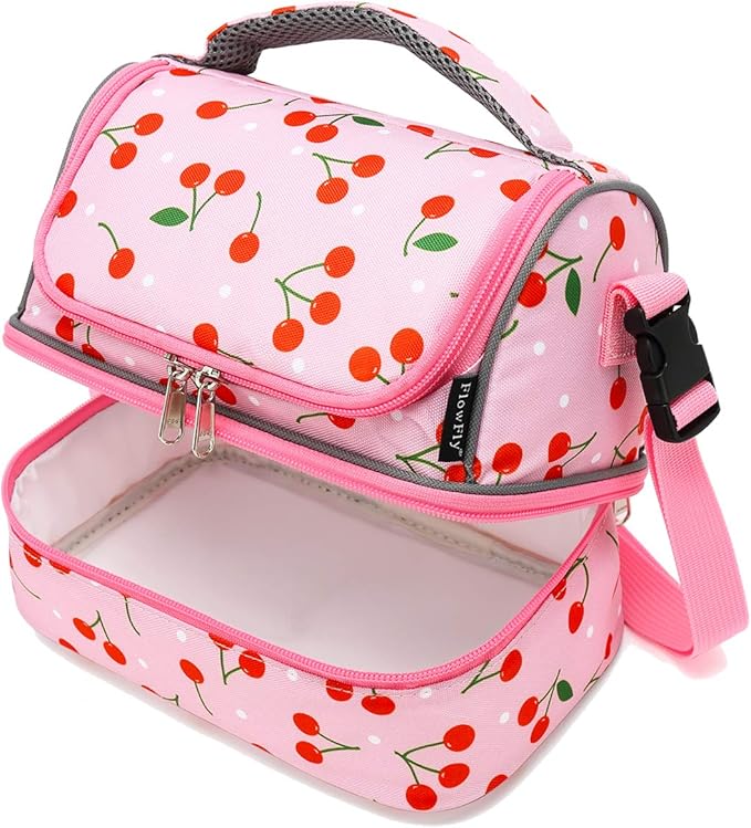 FlowFly Kids Double Decker Cooler Insulated Lunch Bag Large Tote for Boys, Girls, Men, Women, With Adjustable Strap, Cherry