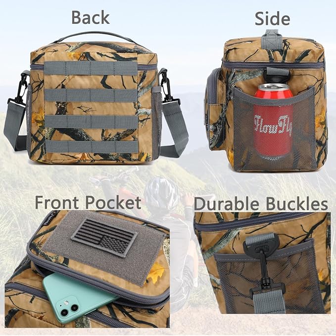 FlowFLy Lunch Bag, Insulated Cooler, Thermal Lunch Box Tote with MOLLE/PALS Webbing, Adjustable Padded Shoulder Strap, for Tactical Men Women Adults and Boys Girls Kids (Maple Leaves Camo, Medium)