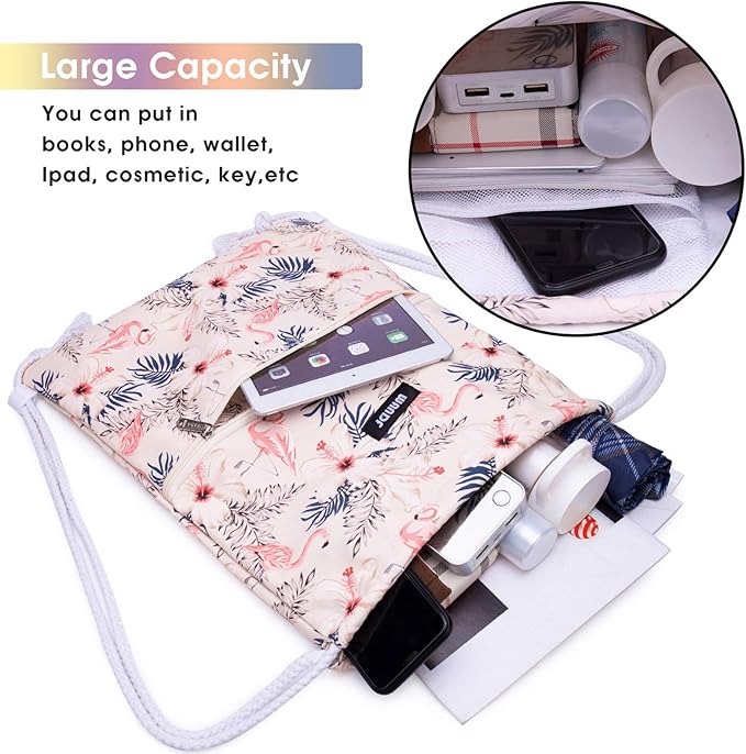 WANDF Drawstring Backpack String Bag Sackpack Cinch Water Resistant Nylon for Gym Shopping Sport Yoga (Flamingo)