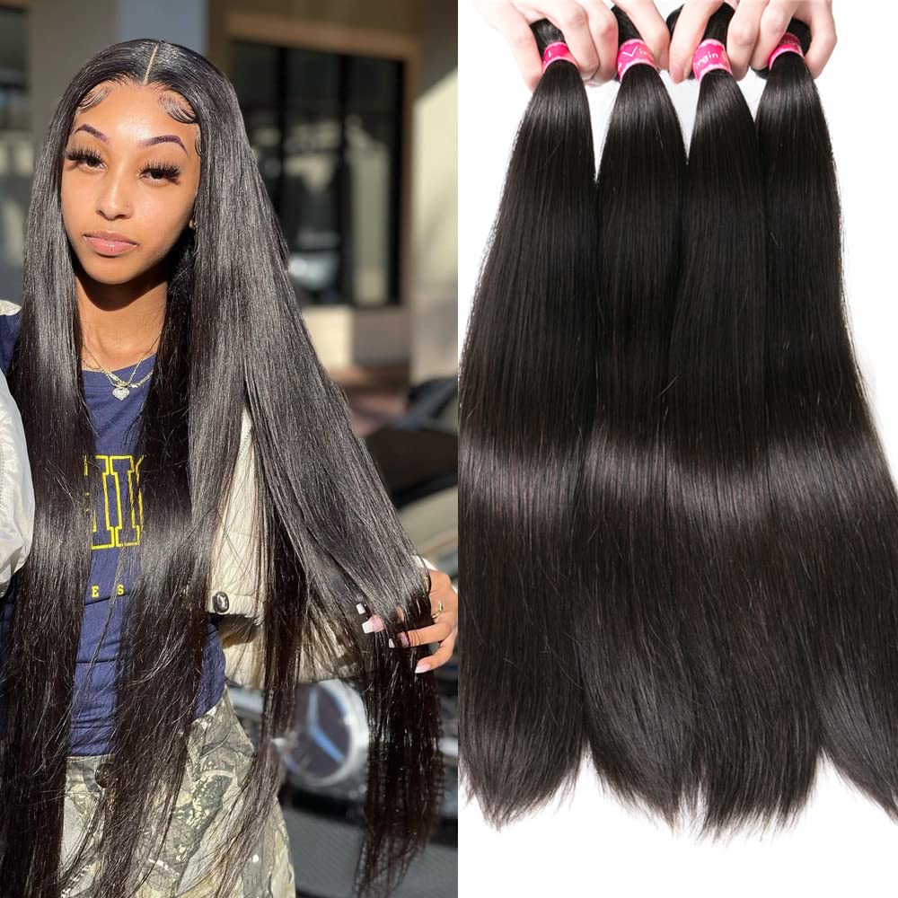 Yisea 12A Straight Hair Bundles Brazilian Virgin Human Hair Bundles Straight (16 18 20 22, Straight 4 Bundles) 100% Unprocessed