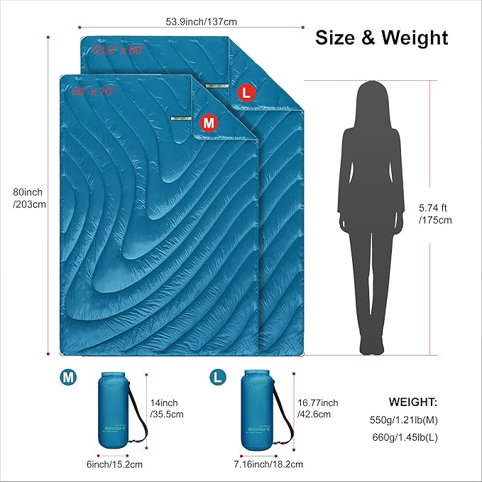 4Monster Double Puffy Camping Blanket - Extra Puffy Outdoor Blanket, Portable, Lightweight and Warm,Insulated Camping Quilt for Outdoors, Travel, Stadium, Festivals, Beach, Hammock