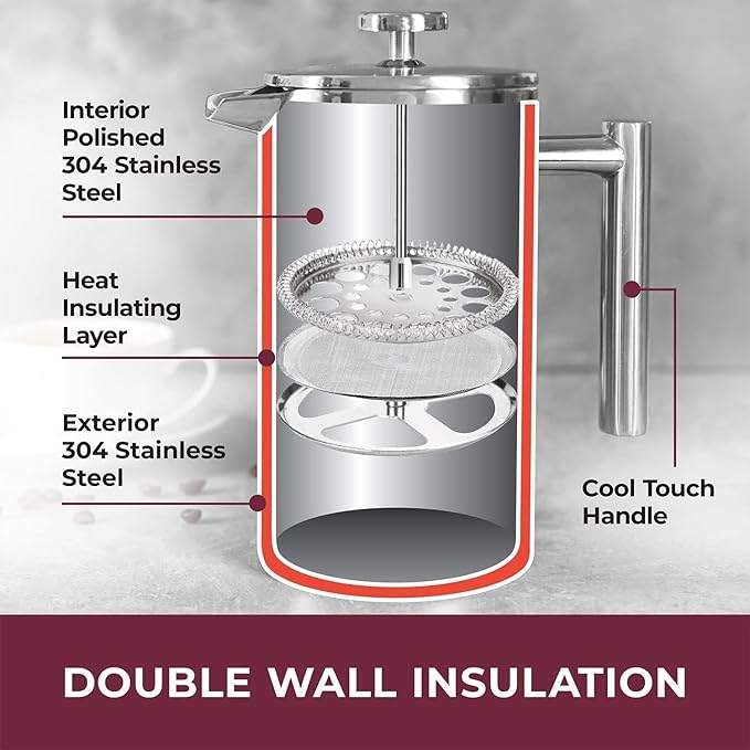 MuellerLiving French Press Coffee Maker 20oz, Stainless Steel French Press Coffee, 4 Filter Heat Resistant Double Insulated, Rust-Free, Food Grade, Dishwasher Safe Coffee Pot
