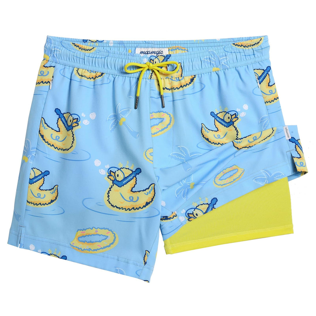 maamgic Mens Swim Trunks with Compression Liner 5" Stretch Athletic Swimming Shorts Quick Dry with Zipper Pockets No-Chafing Board Shorts Blue-Swimming Duck X-Small