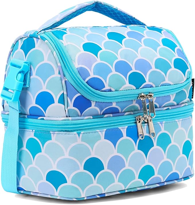FlowFly Double Decker Cooler Insulated Lunch Bag Large Tote for Boys, Girls, Men, Women, With Adjustable Strap (Mermaid)