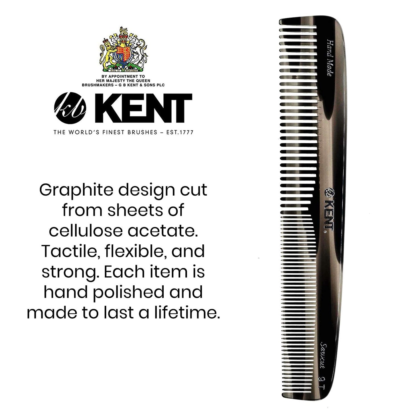 Kent 9T Double Tooth Dressing Table Comb, Tortoise Fine and Wide Tooth Coarse/Fine Dresser Comb for Hair, Beard, Mustache Styling, Grooming - For Men, Women, and Kids, Made in England