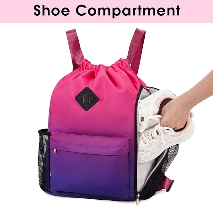 WANDF Drawstring Backpack Sports Gym Bag with Shoes Compartment, Water-Resistant String Backpack Cinch Bag for Women Men (Rose Gradient)