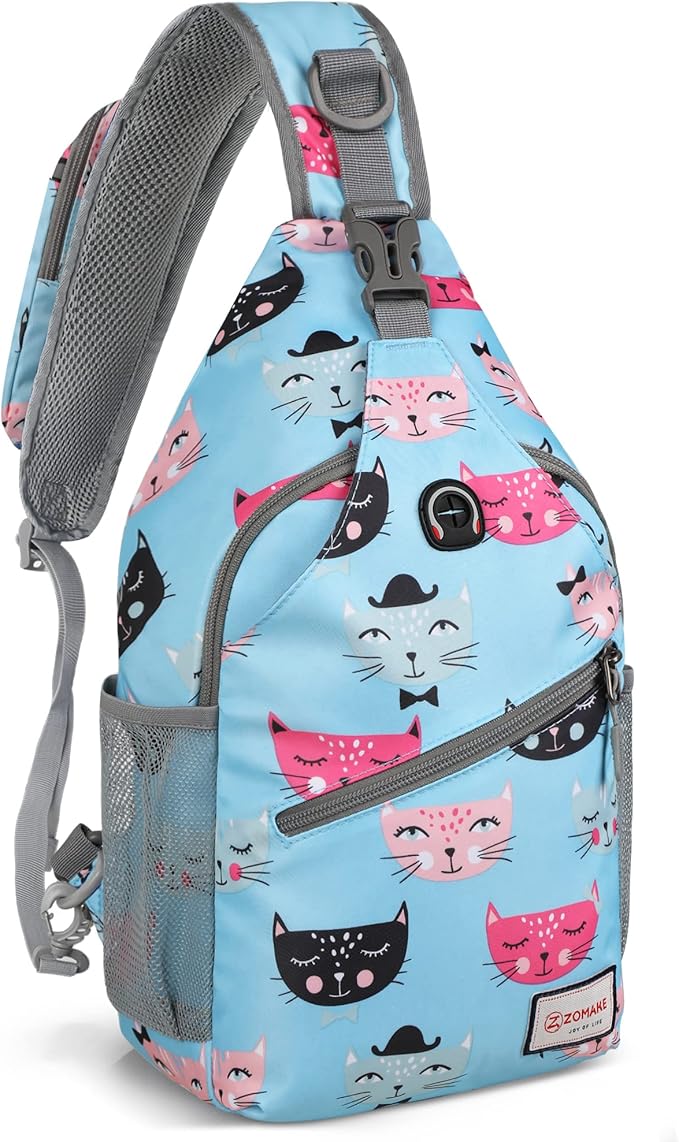 ZOMAKE Sling Bag for Women Men, Small Crossbody Sling Backpack, Mini Water Resistant Shoulder Daypack for Travel, Anti Thief Chest Bag for Hiking, Sports(Cat's Head Light Blue)