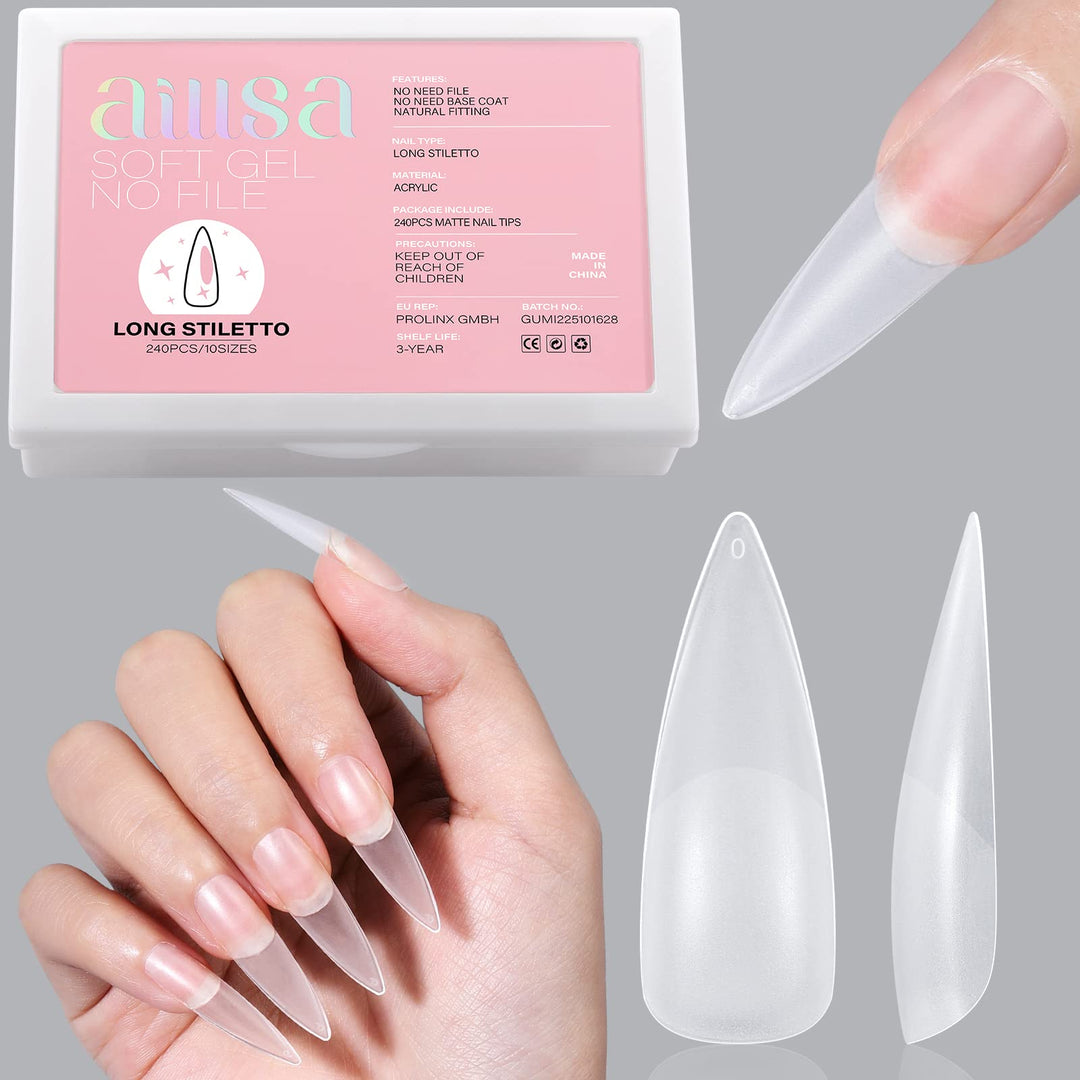 Aillsa Long Stiletto Nail Tips - Upgraded Matte Soft Gel Full Cover Nail Tips No Filed, 240Pcs Pre-Shaped Gelly Tips Acrylic Cle