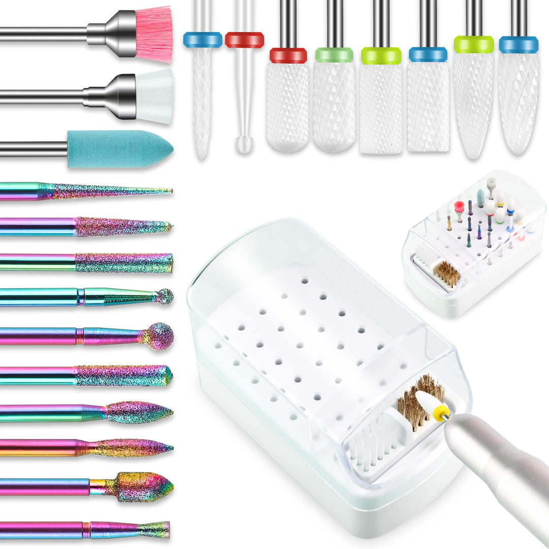 21Pcs Nail Drill Bits Sets With Nail Drill Holder Case, 3/32 Inch Diamond Cuticle Electric Nail File & Ceramic Acrylic Gel Nail