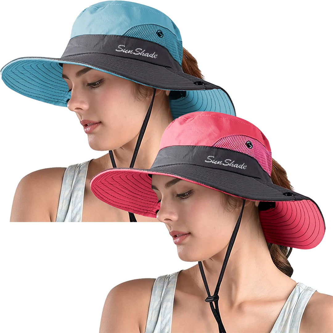 ZOORON 2 Pack Women's Ponytail Safari Sun Hat,Wide Brim UV Protection Outdoor Bucket Hat,Foldable Beach Summer Fishing Hat