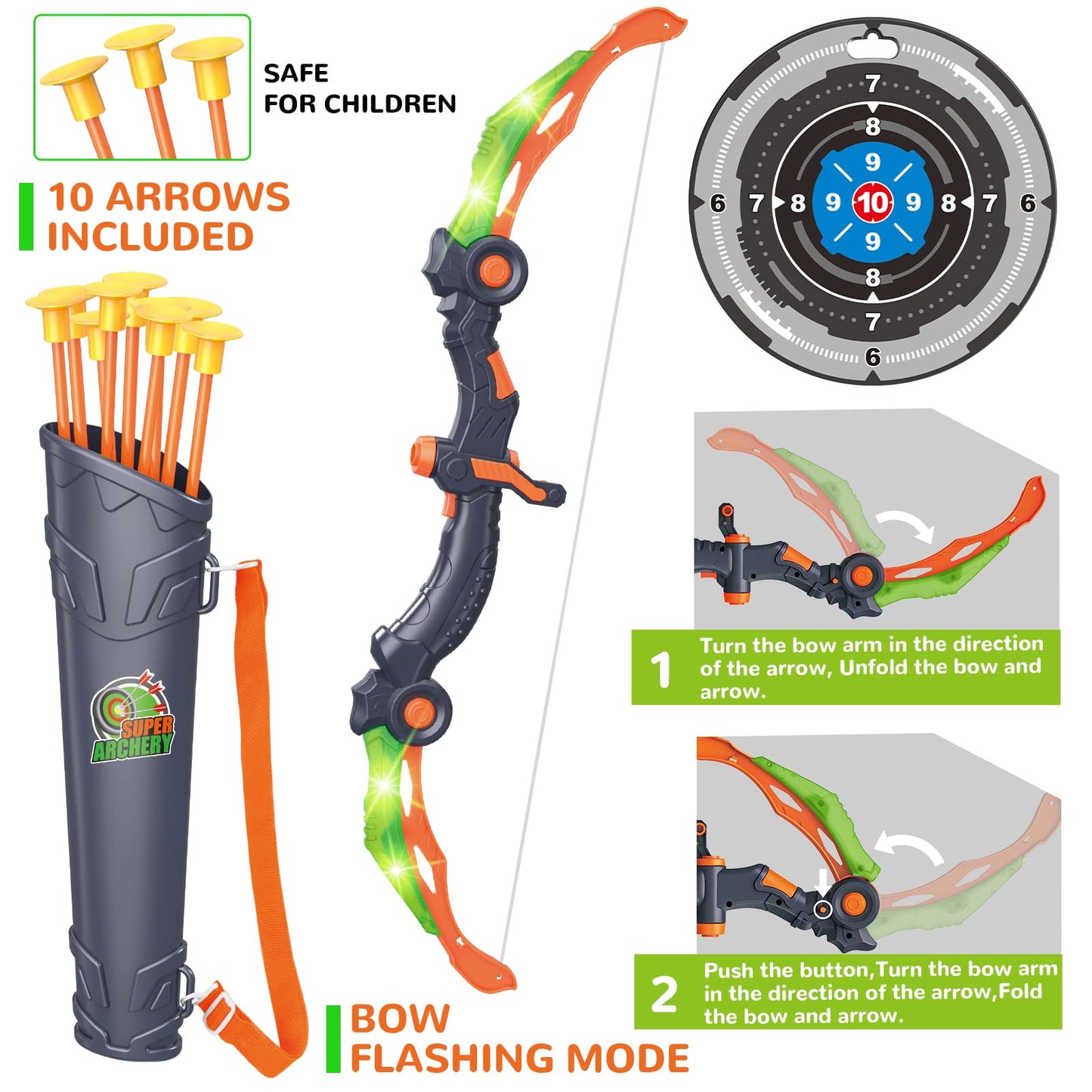 GMAOPHY Bow and Arrow for 5 6 7 8 9 10 11+ Year Old Boys, Birthday Gift for Kids, Indoor Outdoor Activity Toys, 2 Pack LED Light Up Archery Toy with 20 Suction Cup Arrows, Standing Target, 2 Quiver
