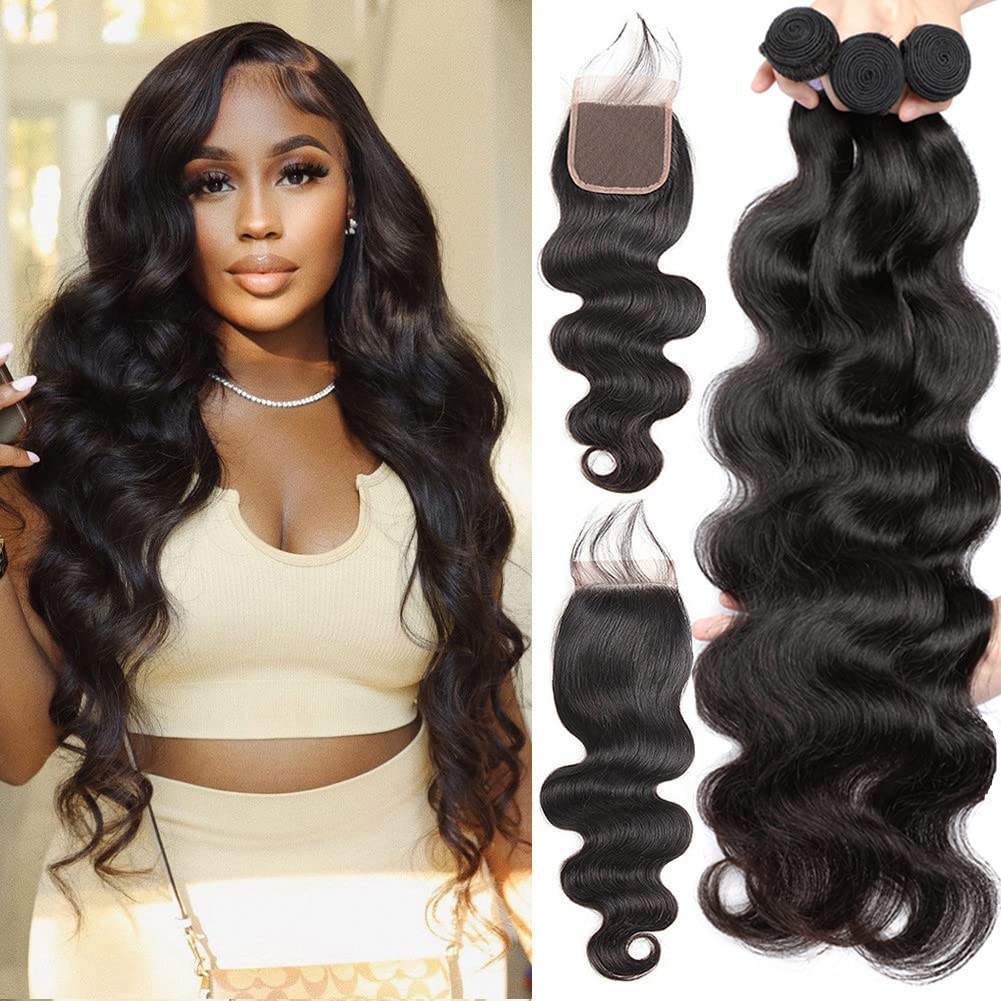 Human Hair Bundles With Closure (24 26 28+22,Free Part) Body Wave Bundles With Closure 10A Brazilian Virgin Remy Human Hair 4  4