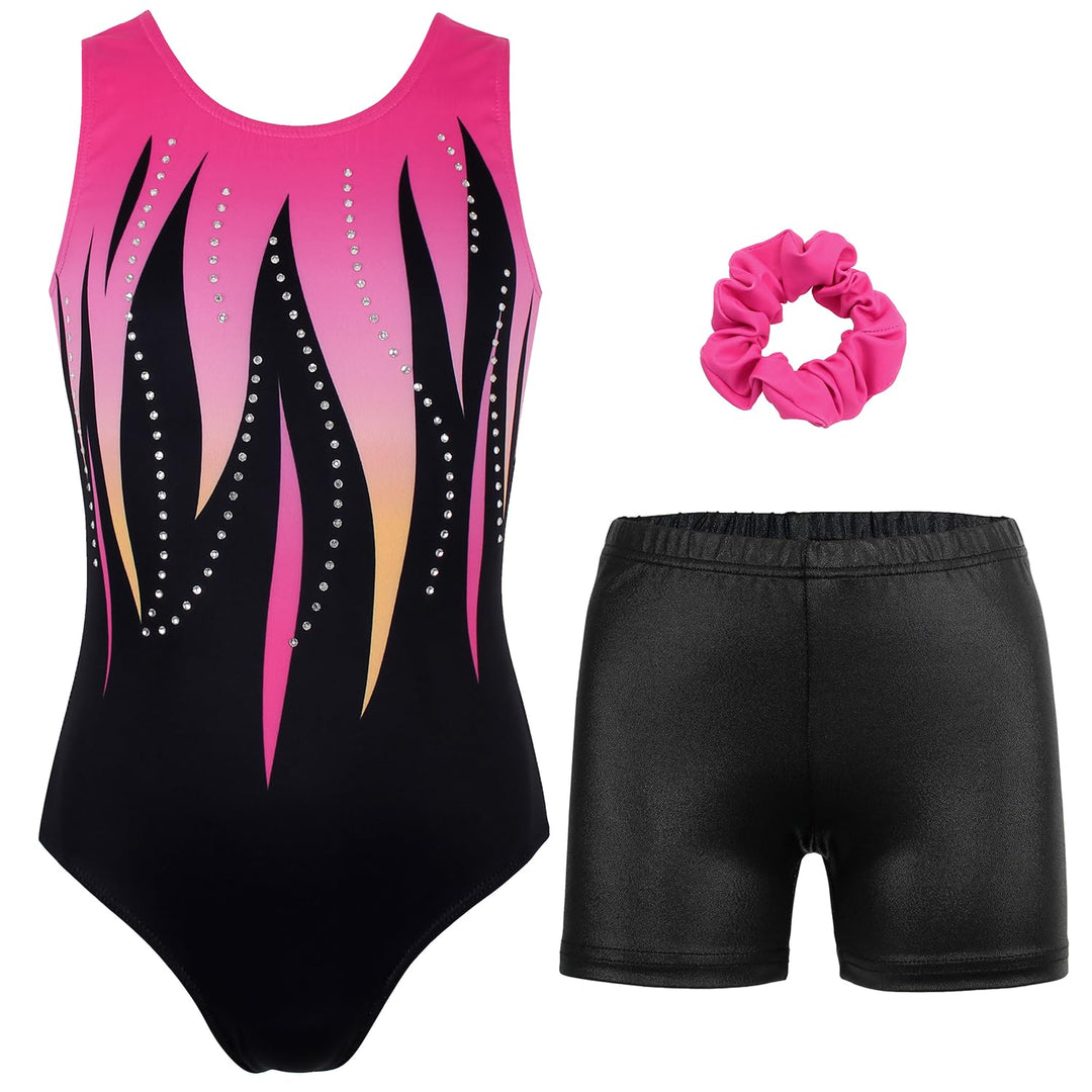 MODAFANS Gymnastics Leotards for Girls with Shorts Ballet Dance Set Activewear Multi-line Diamond,4-5Years
