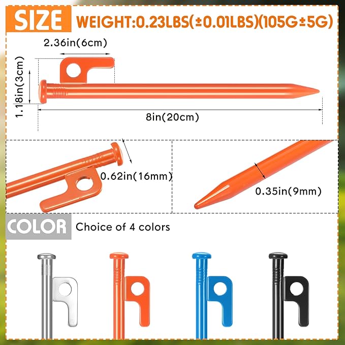 Blulu 24 Pcs Tent Stakes Heavy Duty Steel Metal Tent Pegs 8/12/16 Inch Unbreakable and Inflexible Metal Stakes Tent Spikes for Camping, Yard Decoration, Picnic, Tarp (Orange,8 Inch)