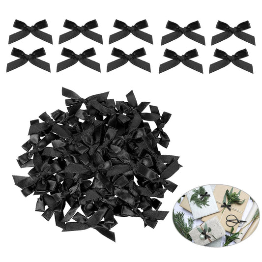 100 PCS Tiny Black Bows, Premade Satin Ribbon Bows Gift Wrapping Invitation Card Decoration Mini Polyester French Flower Bow DIY Crafts Small Cute Bows for Treat Bags Cake Pops Candy Wedding Favors