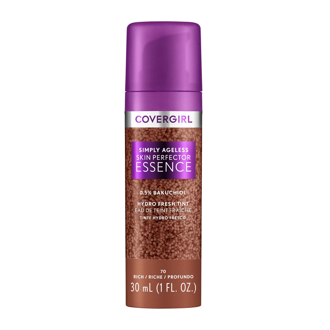 Covergirl Simply Ageless Skin Perfector Essence Foundation, 70 Rich, Tinted Skin Perfector, Skincare Makeup Hybrid, Sheer Tint, Radiant Finish, Skin-Like Finish, Vegan Formula, 1.0oz