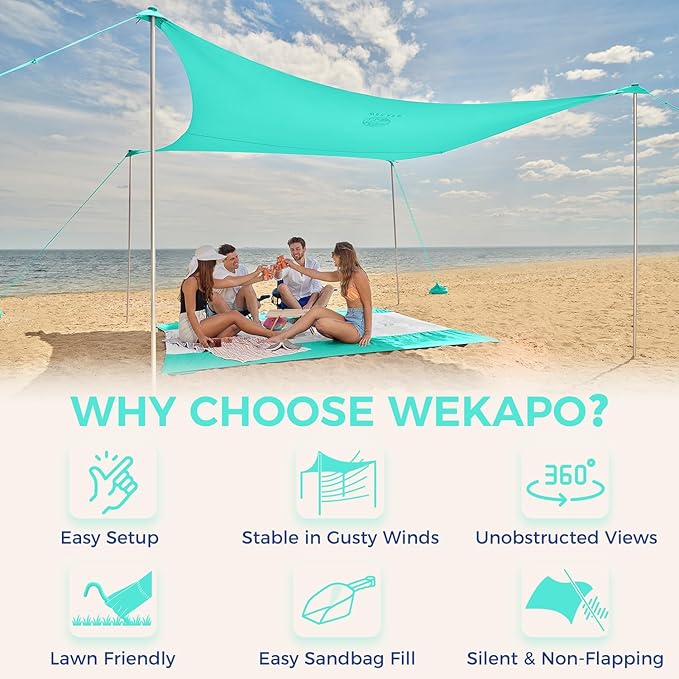 WEKAPO Beach Tent Sun Shelter - Easy Setup Beach Canopy with 4 Sturdy Poles, Large Sandbags and Shovel, 7'1'' Tall, Windproof Sun Shade for Backyard and Camping, UPF 50+ Protection
