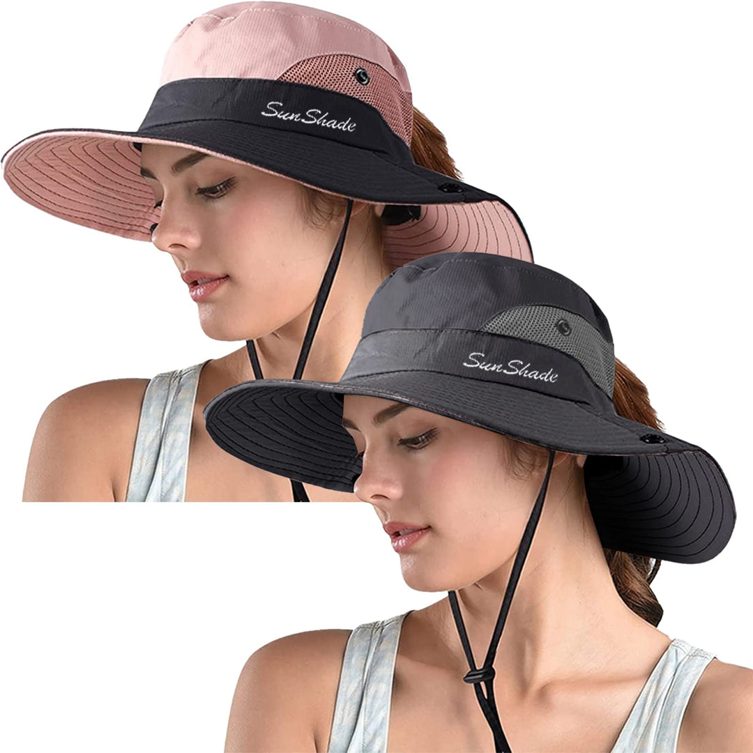 ZOORON 2 Pack Women's Ponytail Safari Sun Hat,Wide Brim UV Protection Outdoor Bucket Hat,Foldable Beach Summer Fishing Hat