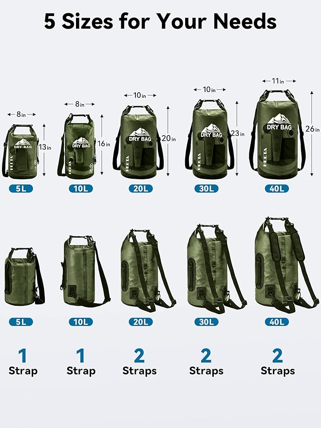 HEETA Dry Bag Waterproof for Women Men, 5L/10L/20L/30L/40L Roll Top Lightweight Dry Storage Bag Backpack with Phone Case for Travel, Swimming, Boating, Kayaking, Camping & Beach, 11 Transparent Colors