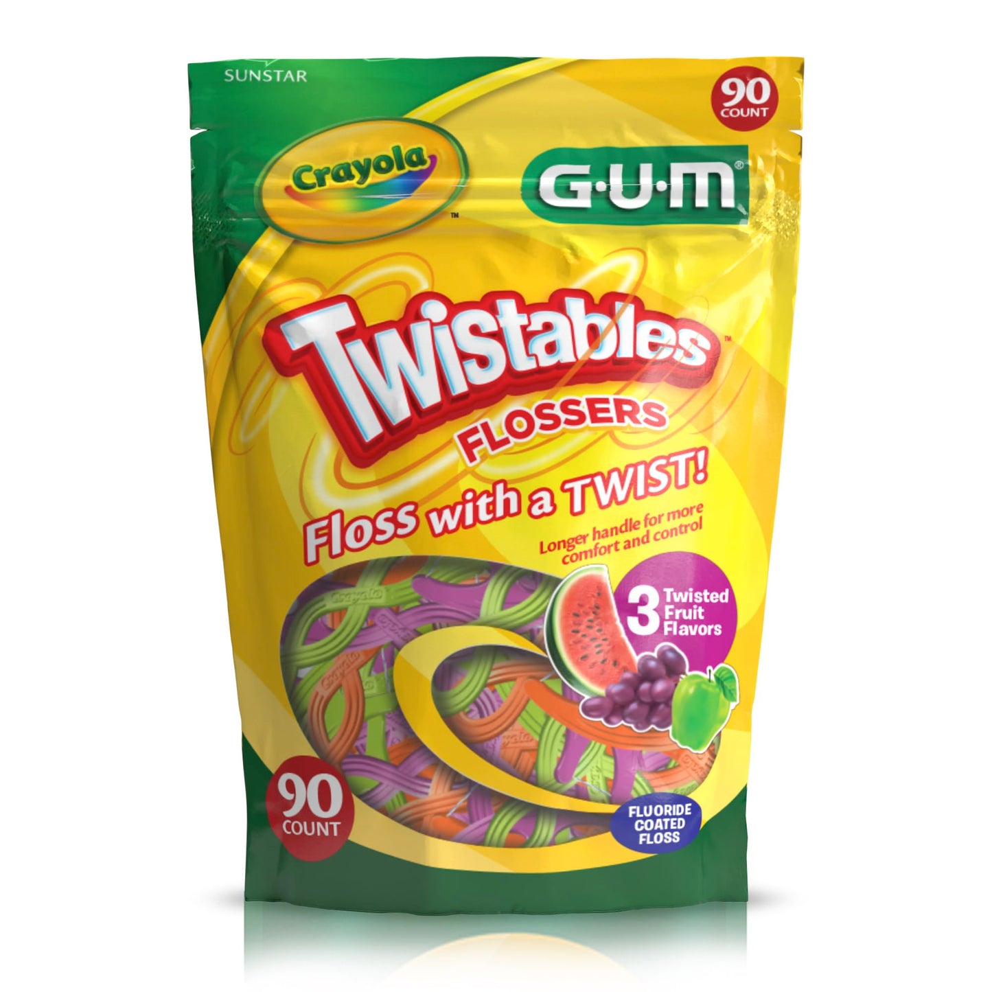 GUM Crayola Twistables Kids Flossers with Fluoride - Designed for Little Hands - Three Fun Fruit Flavors - Easy to Use Kids Floss Picks for Children Ages 3+, 90 Count