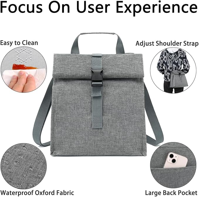 Insulated Lunch Bag for Men/Women/Kids, Roll top Reusable Lunch Box with Adjustable Shoulder Strap, Thermal Lunch Cooler Tote Container for Adults/Teens School Work Office Picnic,Grey