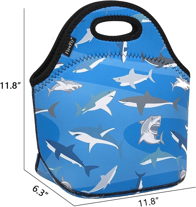 FlowFly Neoprene Kids Lunch box Insulated Soft Bag Mini Cooler Thermal Meal Tote Kit for Boys, Girls,Men,Women,School,Work, Office, Shark