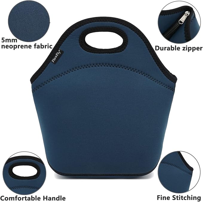 FlowFly Neoprene Kids Lunch box Insulated Soft Bag Mini Cooler Thermal Meal Tote Kit for Boys, Girls,Men,Women,School,Work, Office, Navy Blue