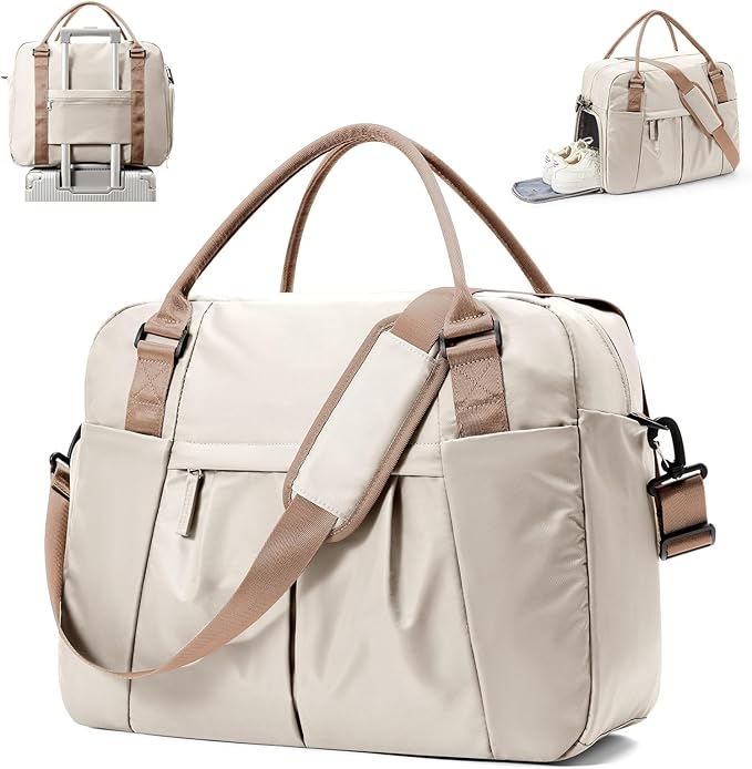 Gym Bag for Women, Large Travel Duffel Carry on Bag with Trolley Sleeve, Waterproof Weekender Bags with Shoe Compartment, Workout Overnight with Dry Wet Separated Pocket, Beige