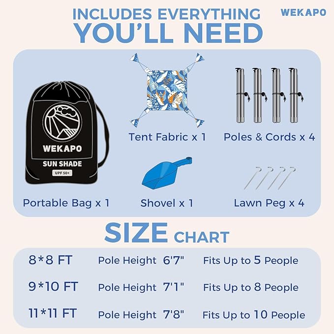 WEKAPO Beach Tent Sun Shelter - Easy Setup Beach Canopy with 4 Sturdy Poles, Extra Large Sandbags and Shovel, 7'8'' Tall, Windproof Sun Shade for Backyard and Camping, UPF 50+ Protection