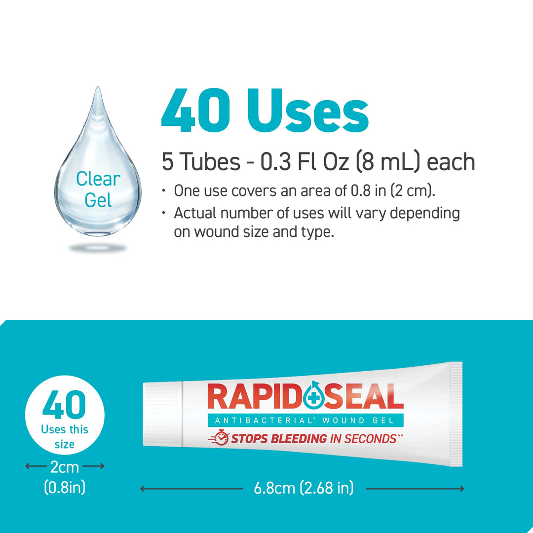 Rapid-Seal Wound Gel 0.3oz (5 Tubes) | Stops Bleeding in Seconds, for Minor Cuts, Scrapes & Razor Nicks
