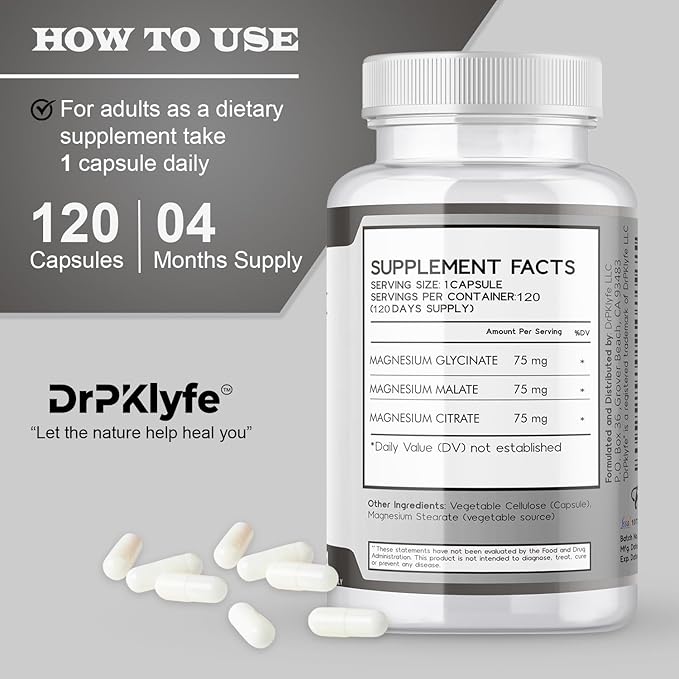 Board Certified Internist's Recommendation: Magnesium Complex Capsule| Glycinate |Malate|Citrate for Optimal Health|225mg, 4 Months Supply for Heart, Muscle & Bone Health - DrPKLyfe