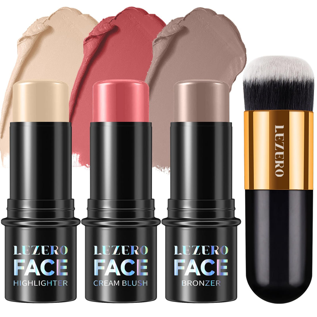 Lezero 3Pcs Contour Stick Makeup Kit, Shades with Highlighter, Blush and Bronzer Trio for Sculpt the Cheeks and Body, Longwear, Waterproof, Matte Finish Series,#1 NEUTRAL (17,20,23)